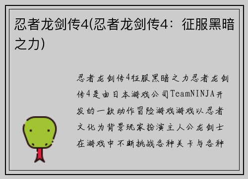 忍者龙剑传4(忍者龙剑传4：征服黑暗之力)